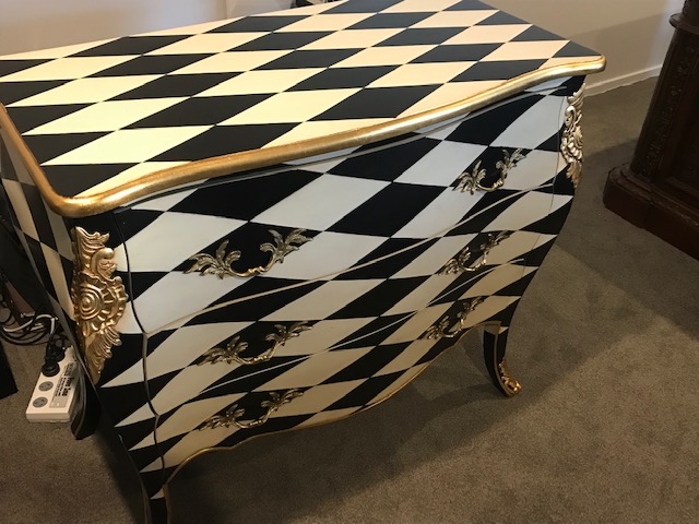 Louis XV Designed Harlequin Commode in black and cream diamond paint finish gold brass handles gilt bronze mounts - Image 2