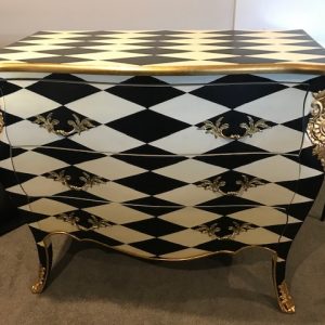 Louis XV Designed Harlequin Commode in black and cream diamond paint finish gold brass handles gilt bronze mounts