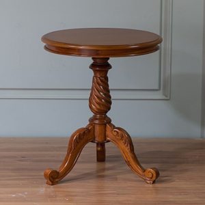 Antique reproduction mahogany English wine table in Pecan Antique distressed finish with barley twist base