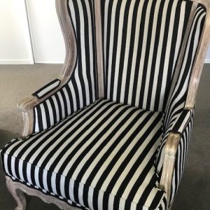 Louis XV Chair with cushion in antique white wash -hand carved -hand finished- in black /white stripe fabric