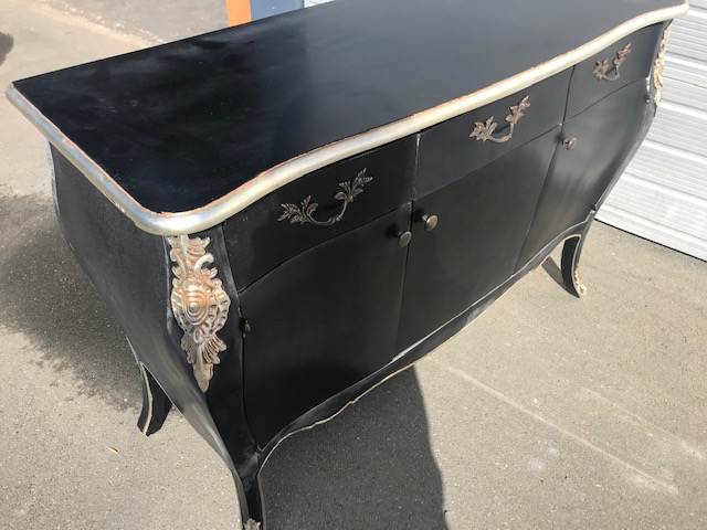Louis XV commode black /silver distressed commode in mat black antiqued finish