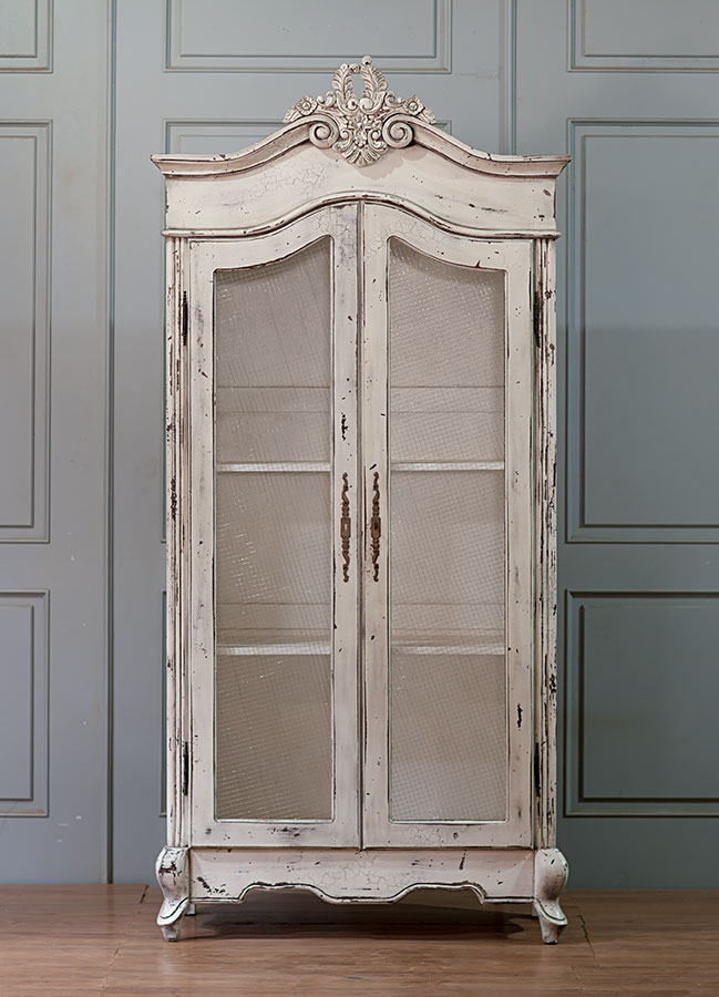 Armoire 6 shelves with glass doors antiqued and distressed finish